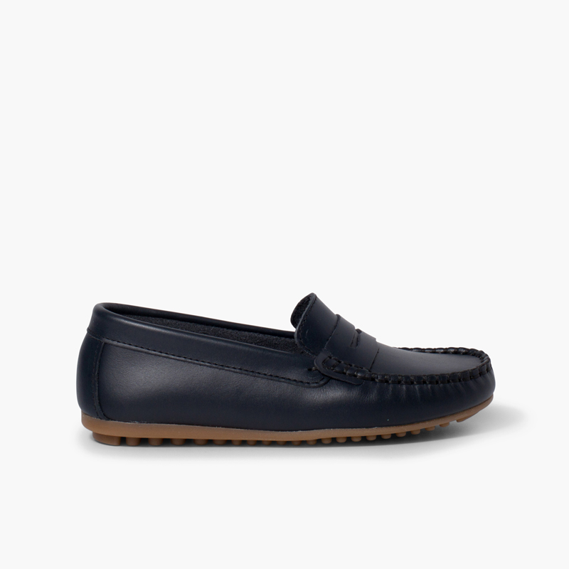Boys Leather Mask Slip-on Loafers Navy Blue