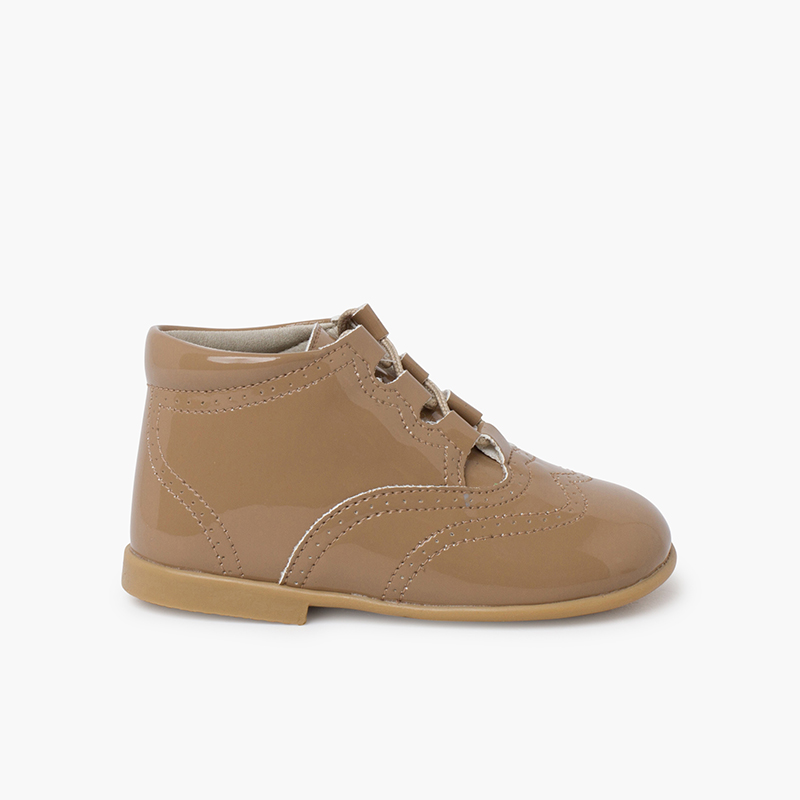Patent Type Lace-Up Oxford Booties Sand