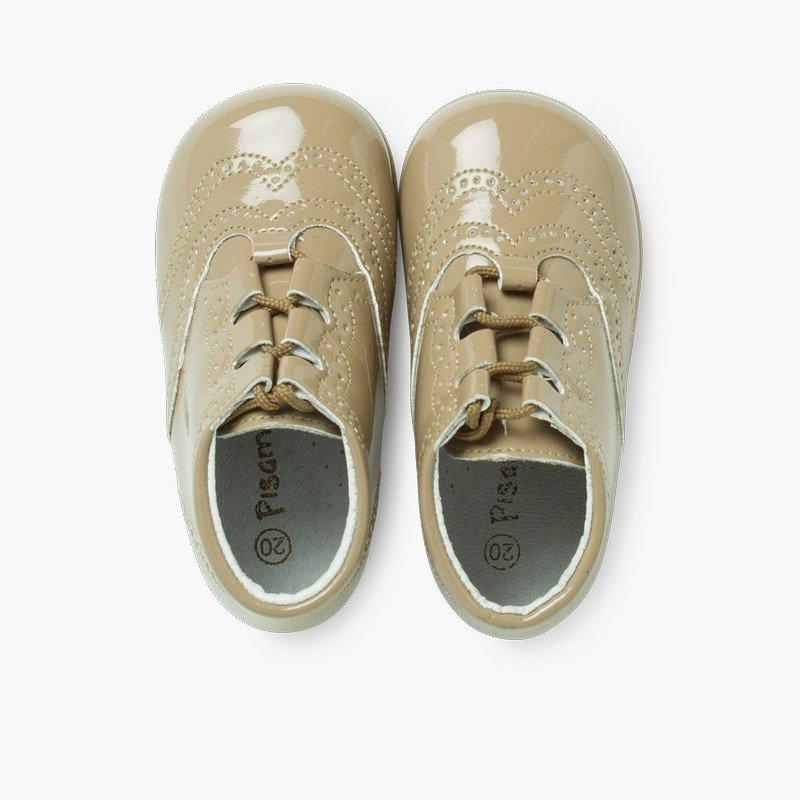 Patent Type Lace-Up Oxford Booties Beige
