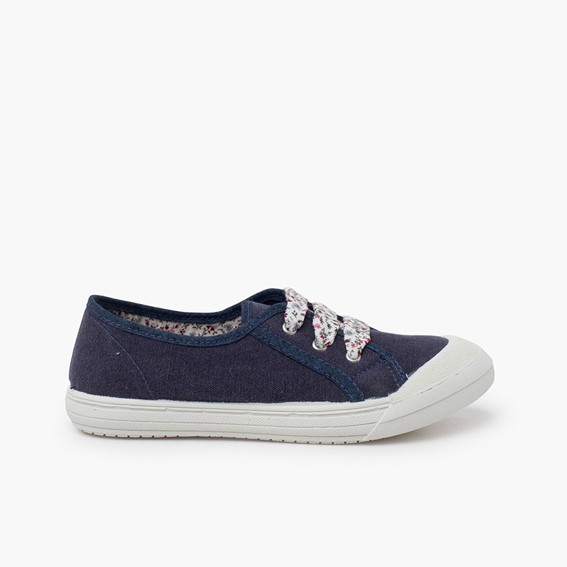 Lace-Up Rubber Toe Cap Canvas Trainers Navy Blue