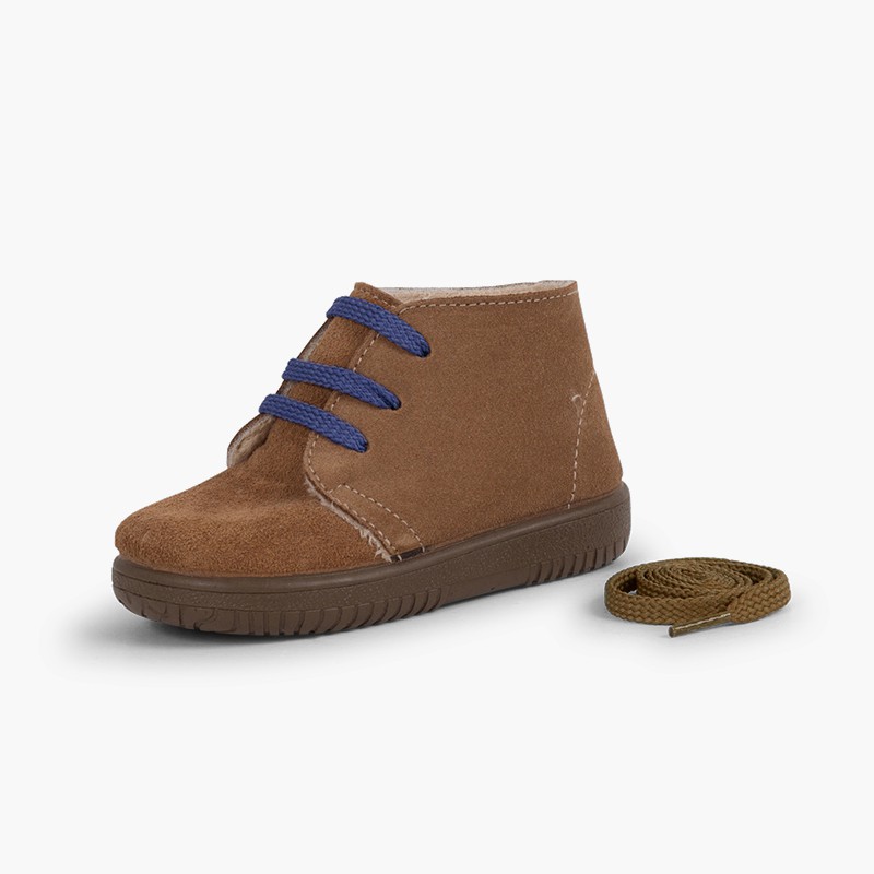 Kids Suede Boots with Coloured Laces and Stitchings Taupe