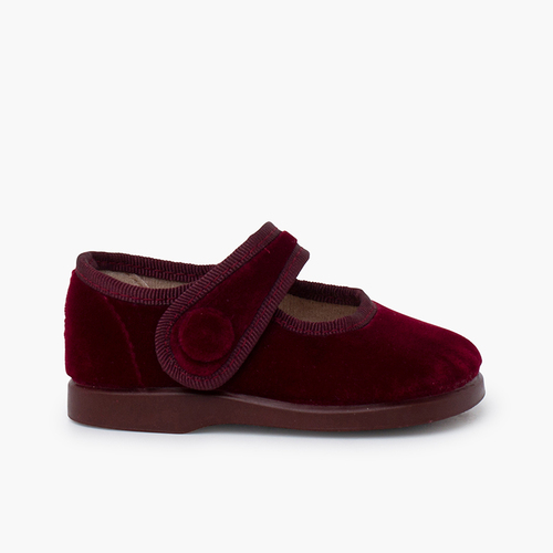 Girls Velvet Mary Janes with loop fasteners Button  Burgundy