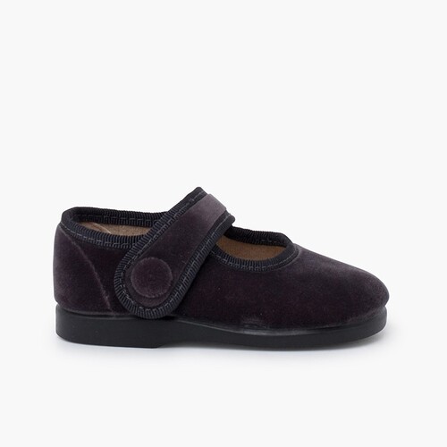 Girls Velvet Mary Janes with loop fasteners Button  Grey