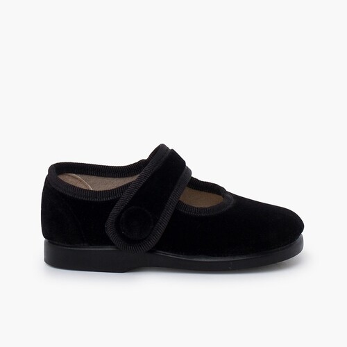 Girls Velvet Mary Janes with loop fasteners Button  Black