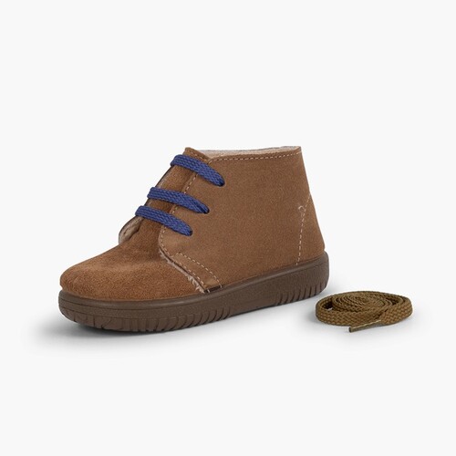 Kids Suede Boots with Coloured Laces and Stitchings Taupe