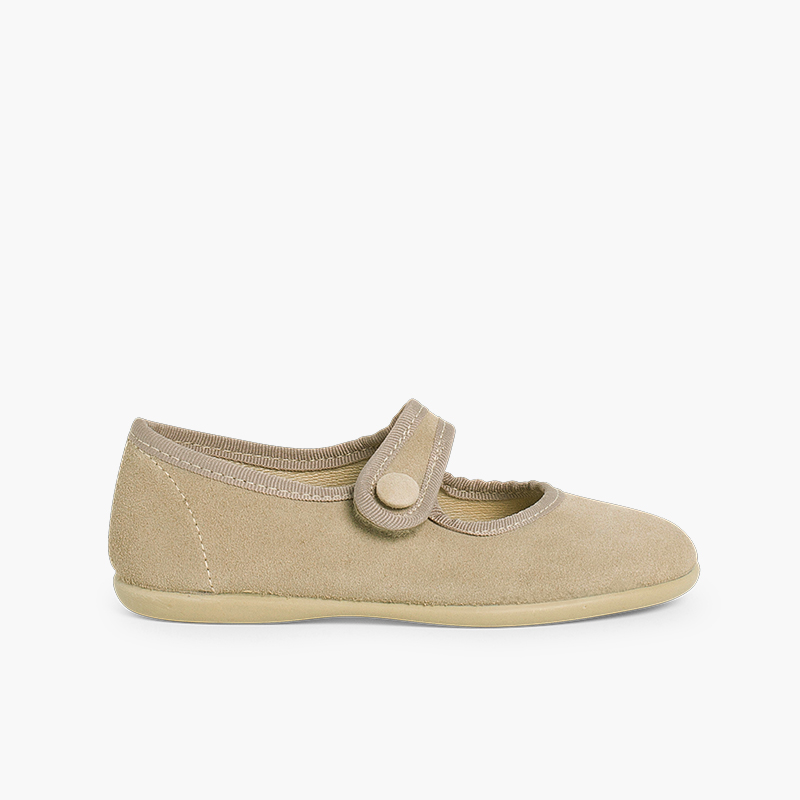 Girls Suede loop fasteners Mary Jane Shoes Beige