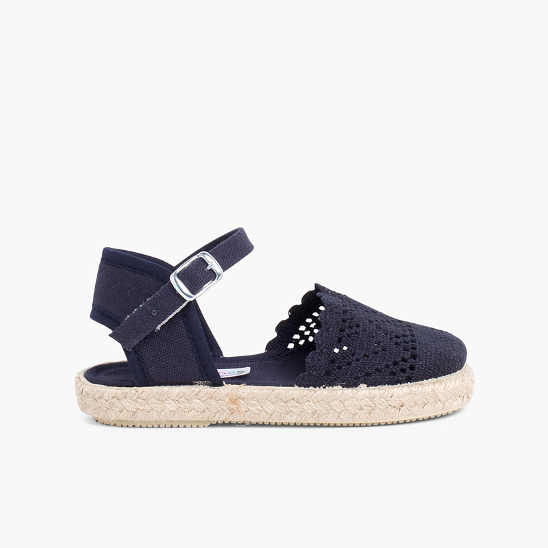 Girls Buckle Up Brogue Espadrille Wedge Navy Blue