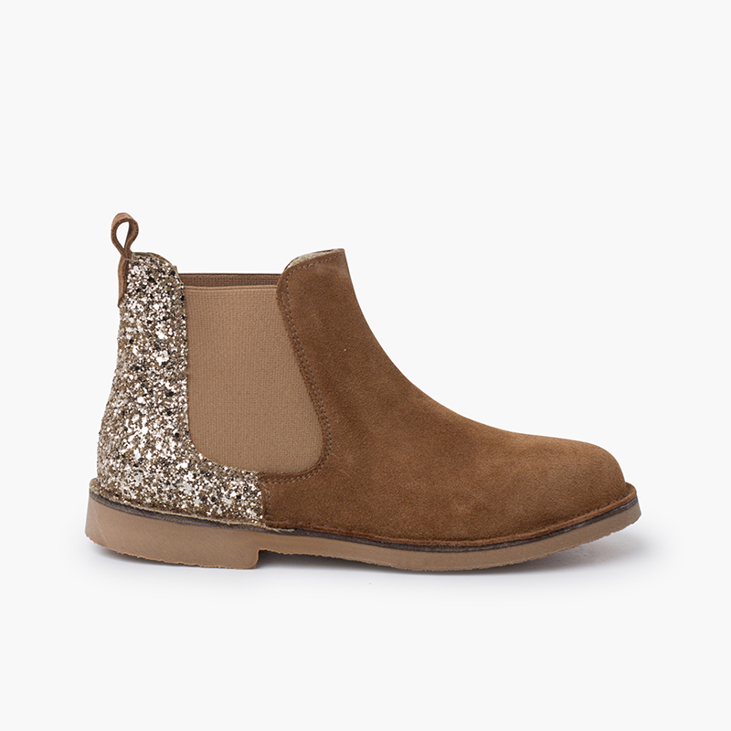 Girls Chelsea Boots with Glitter Taupe