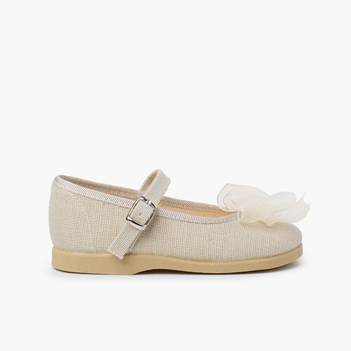 Organza Bow Buckle Linen Mary Janes Beige