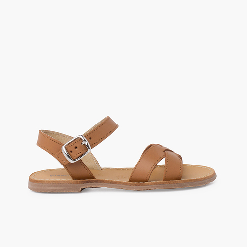 Plain Crossed Strap Flat Sandals Leather
