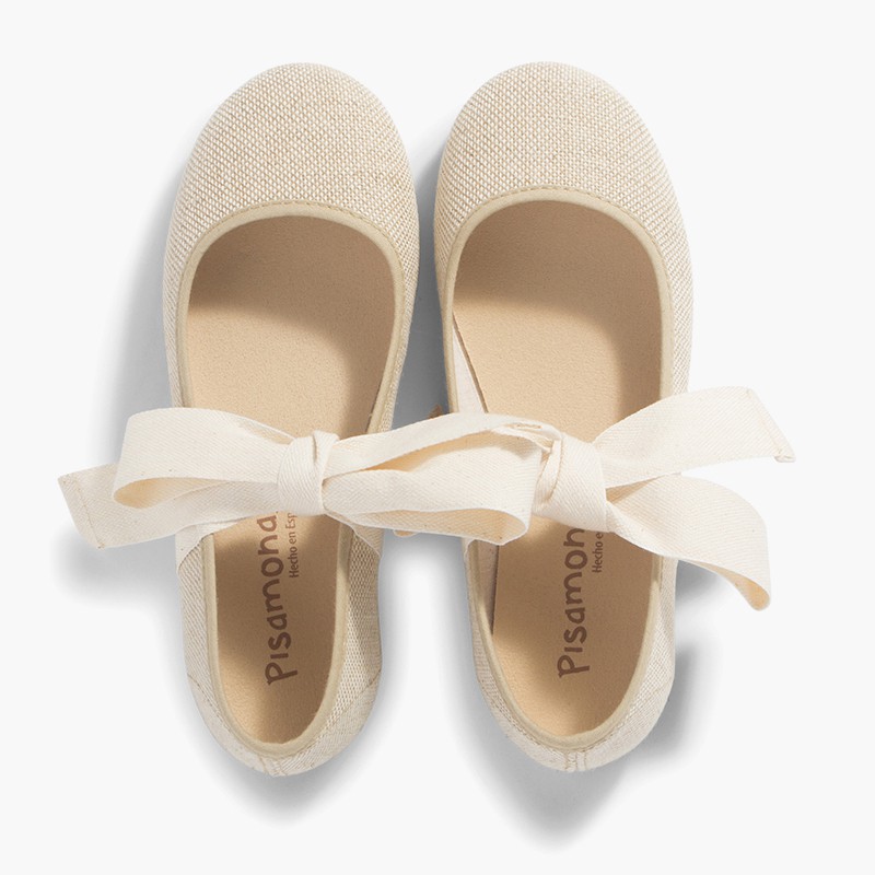 Linen Mary Janes With Beige Bow Linen