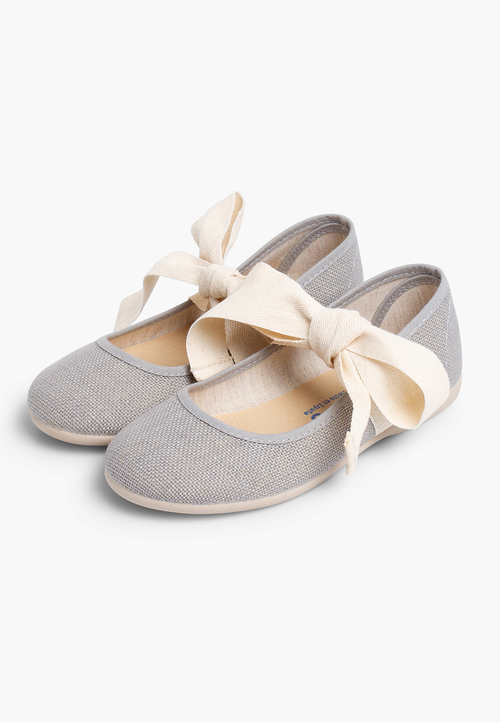 Linen Mary Janes With Beige Bow Grey