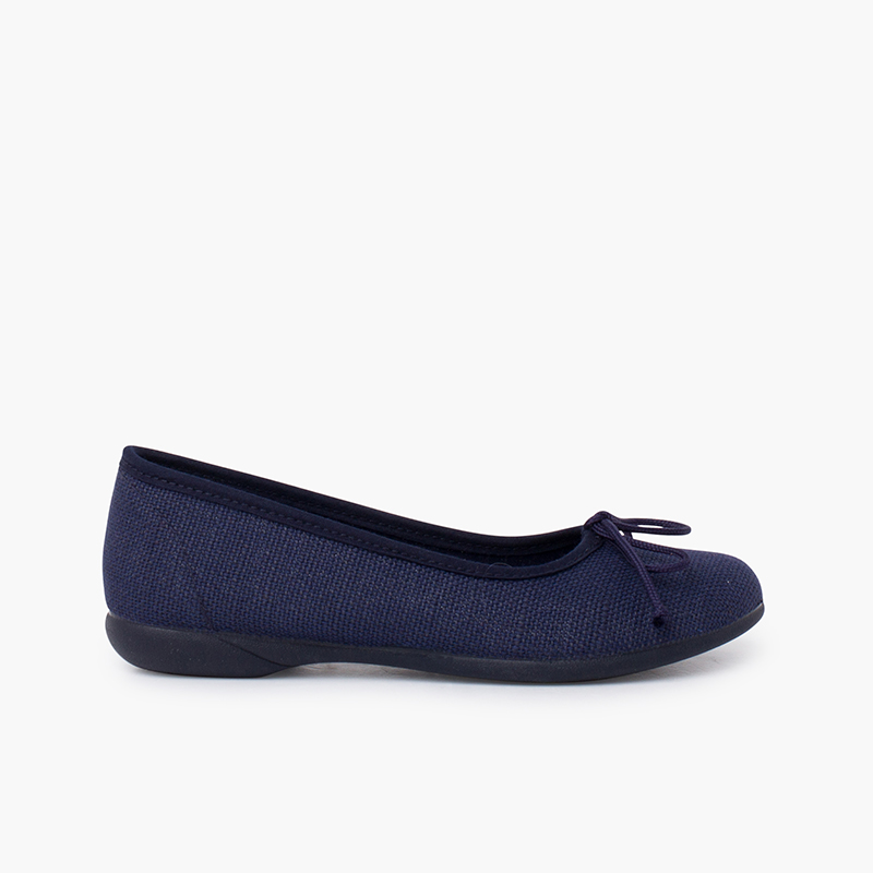 Linen Communion Ballet Flats for Girls Navy Blue