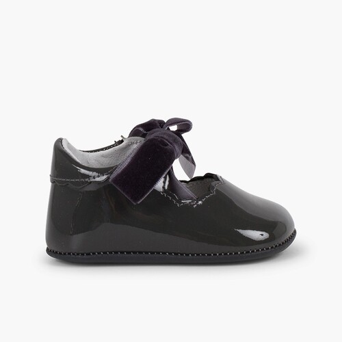 Mary Jane Bootie Patent Leather Velvet Bow  Grey