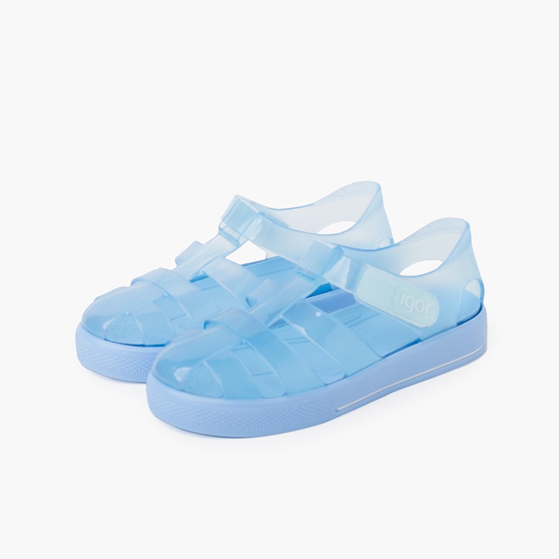 Jelly shoes with loop fasteners colored sole Sky Blue