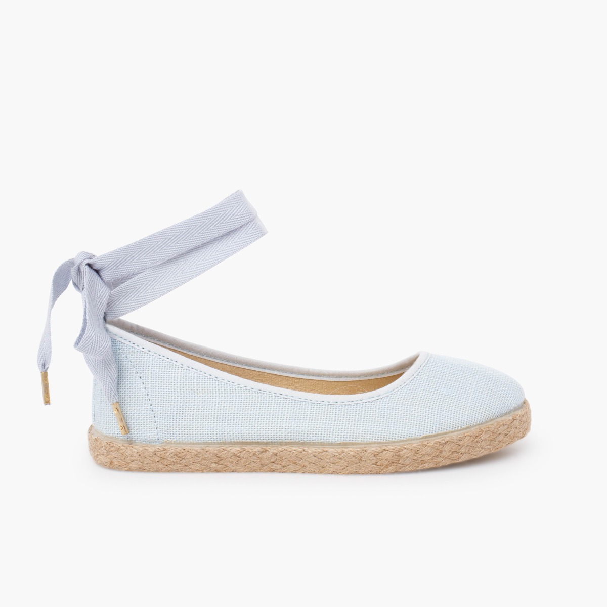 Girls´ linen ballet pumps with lace ribbon and jute sole  Sky Blue