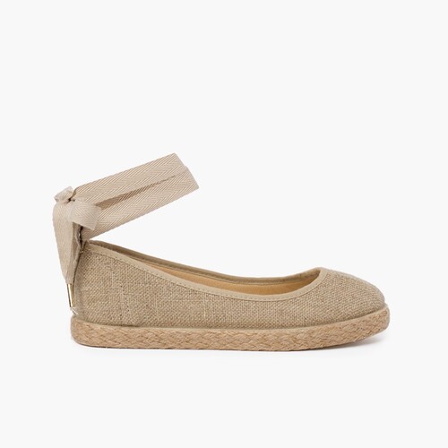 Girls´ linen ballet pumps with lace ribbon and jute sole  Beige