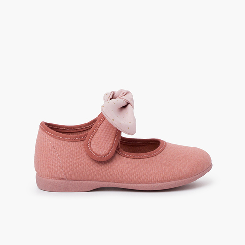 Canvas Girls Mary Janes with Polka Dot Bow Pink
