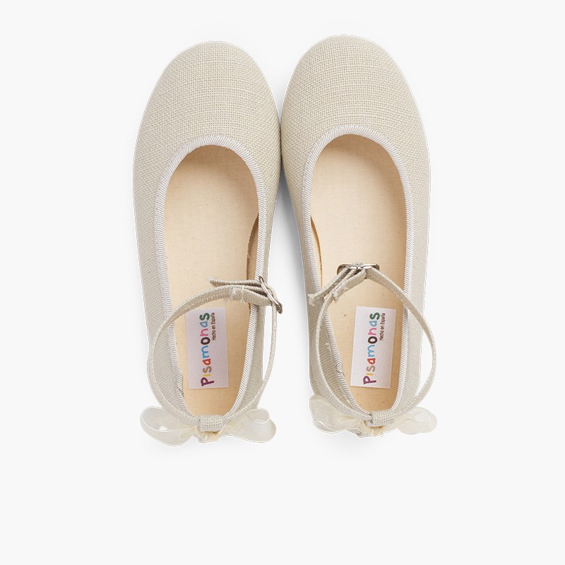  Linen Buckle Strap Ballet Flats Organza Back Bow Beige