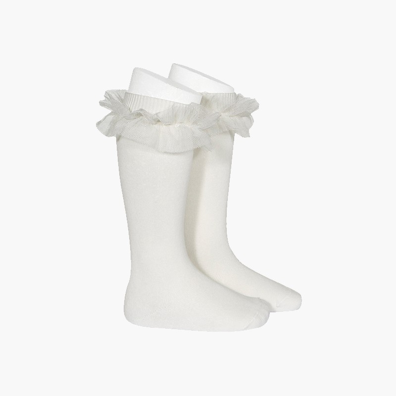  Plain high socks with tulle strip Cream