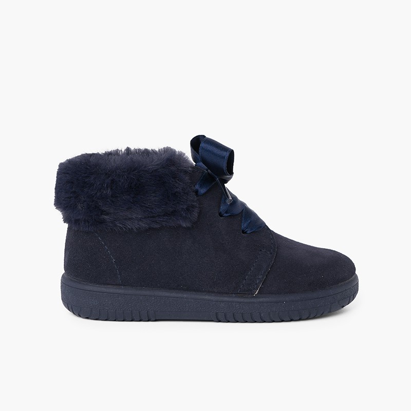 Girl's Suede Booties with Fur Collar Satin Laces Navy Blue