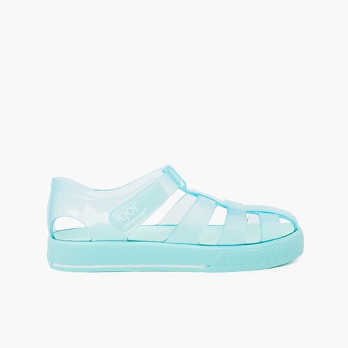Jelly shoes with loop fasteners colored sole Aquamarine