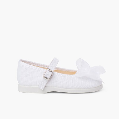 Organza Bow Buckle Linen Mary Janes White