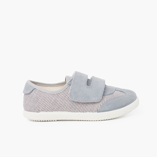 Striped and Suede Sneakers Double Riptape Strap Greyish Blue