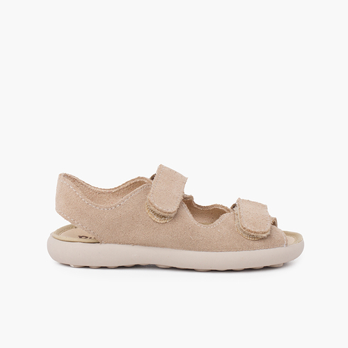 Split leather sandal with adherent front strips Beige