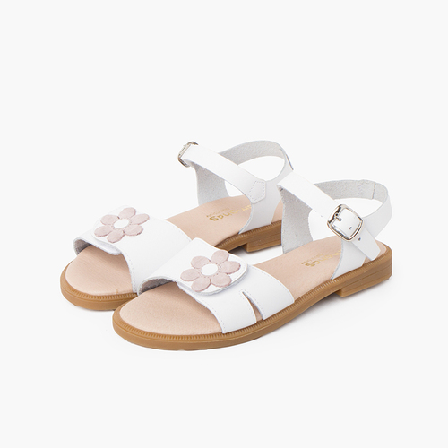 Wide strap adherent flower sandal with buckle closure White Flower Pink
