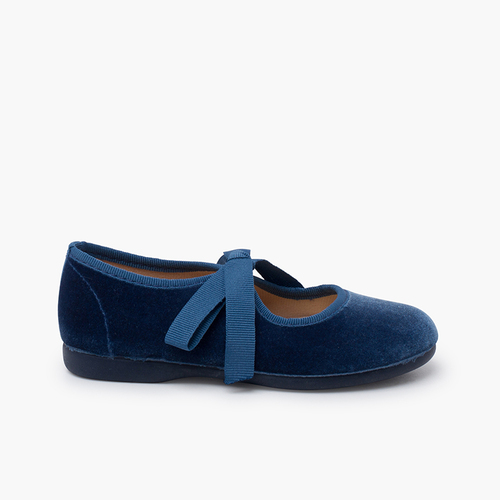 Girls velvet mary jane with faille bow Blue Klein