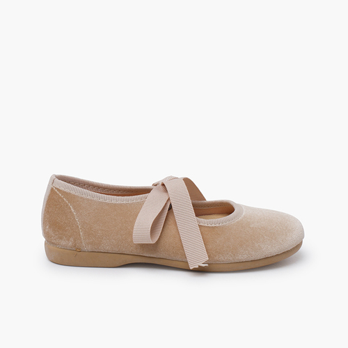 Girls velvet mary jane with faille bow Beige