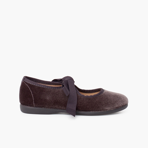 Girls velvet mary jane with faille bow Grey