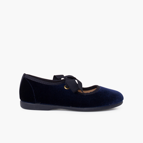 Girls velvet mary jane with faille bow Navy Blue