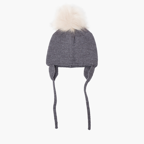 Wool hat with ear flaps and fur pompom Gris Medio