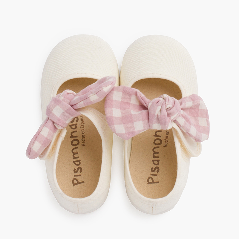 Gingham bow Mary janes with hook-and-loop fastening Pastel Pink