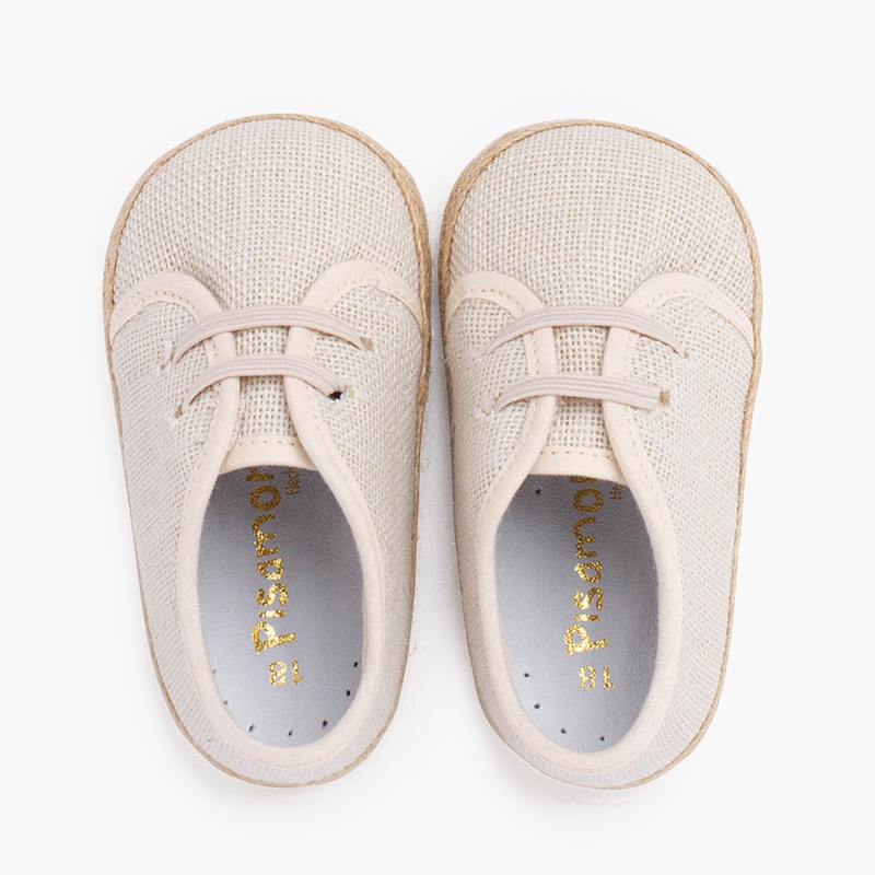 Linen and jute baby shoes with elastic laces Off-White