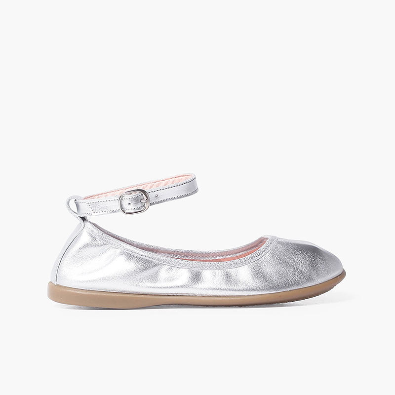 Elastic leather ballet pumps with ankle strap Silver