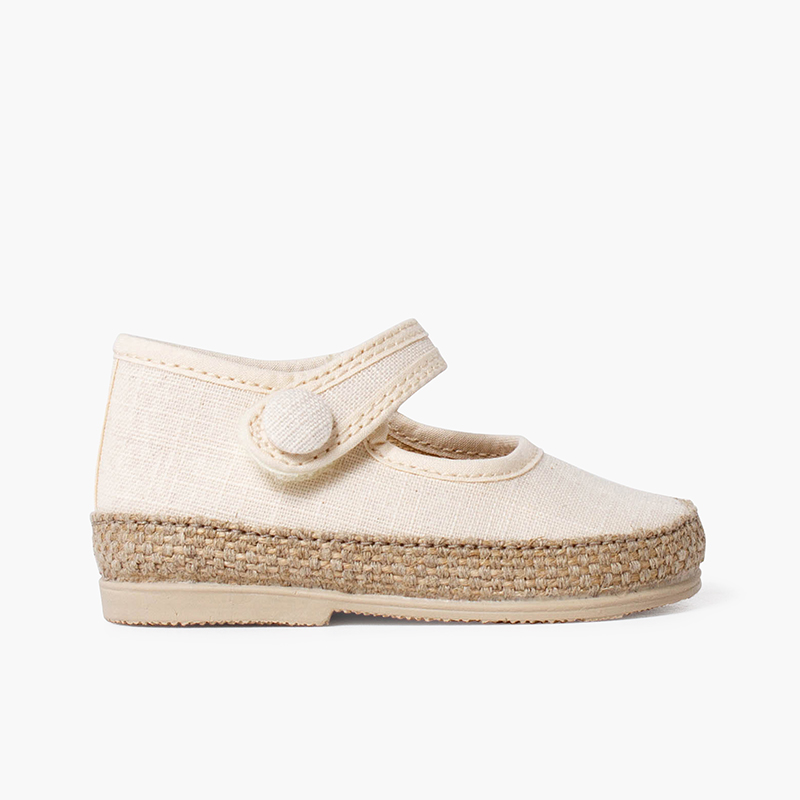Baby linen and jute mary janes with button detail Off-White