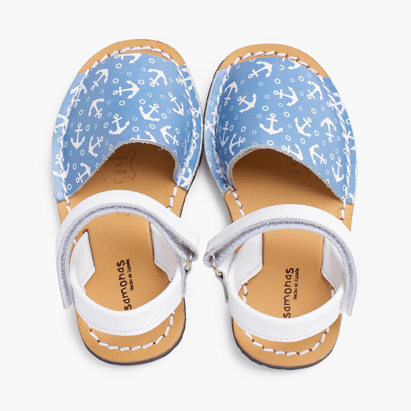 Anchors bicoloured menorcan sandals with riptape White and Blue Jeans