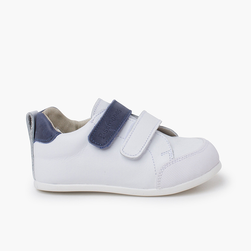Leather trainers with coloured double riptape fastening Navy Blue