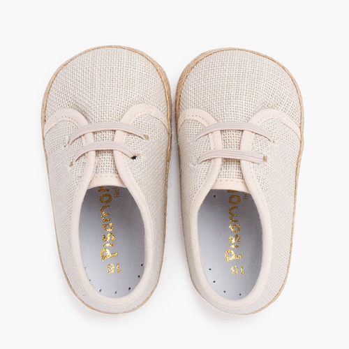 Linen and jute baby shoes with elastic laces Off-White