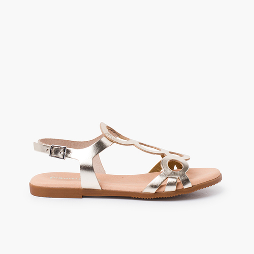 Leather sandals with circles and buckle closure Gold