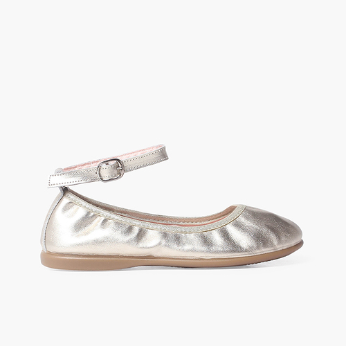 Elastic leather ballet pumps with ankle strap Champagne