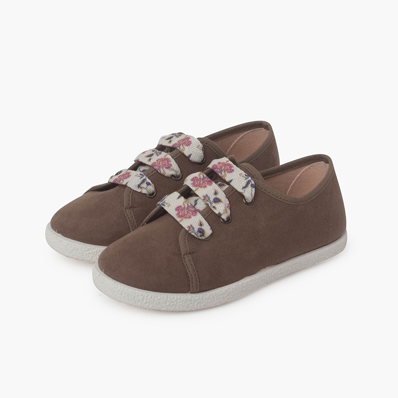 Suede Trainers With Flowered Laces Taupe