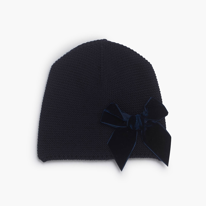 Winter beanie with velvet side bow Navy Blue