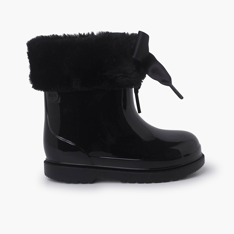Satin bow and fur collar wellies Black