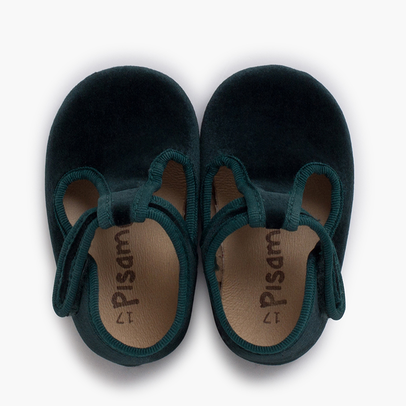 Velvet baby T-bar shoes adhesive fastening Green