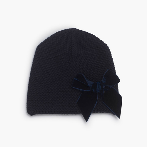 Winter beanie with velvet side bow Navy Blue