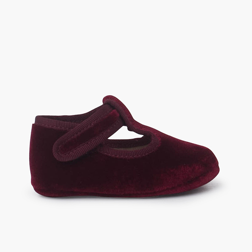 Velvet baby T-bar shoes adhesive fastening Burgundy